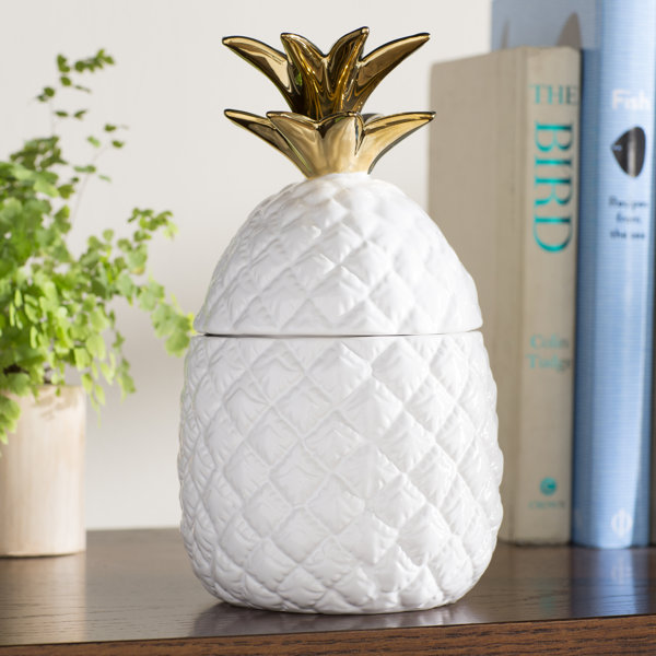 Beachcrest Home Pot d’ananas en céramique blanc et doré Gremillion et